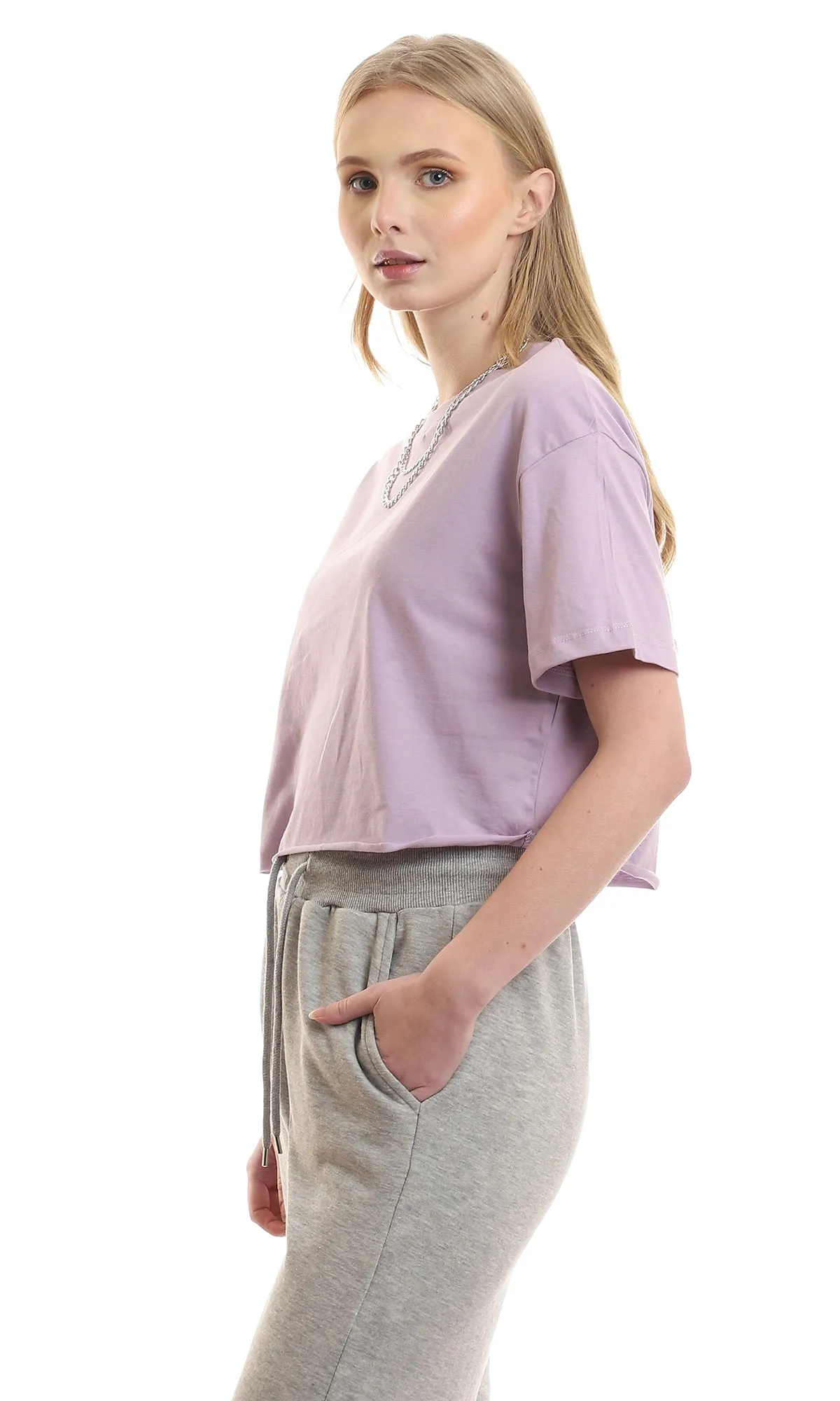 97250 Plain Round Loose Slip Lavender Crop Tee