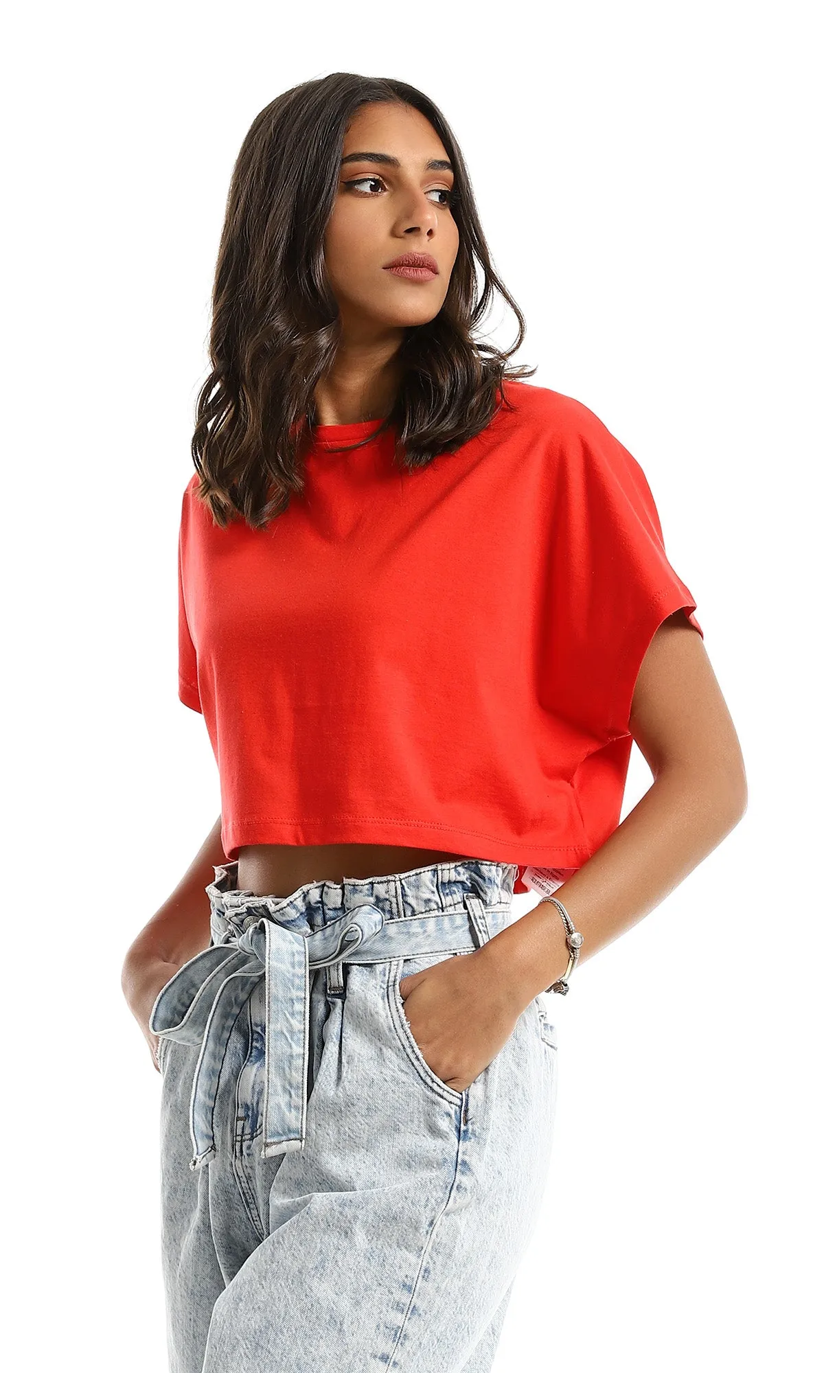 98844 Basic Round Loose Red Crop Top