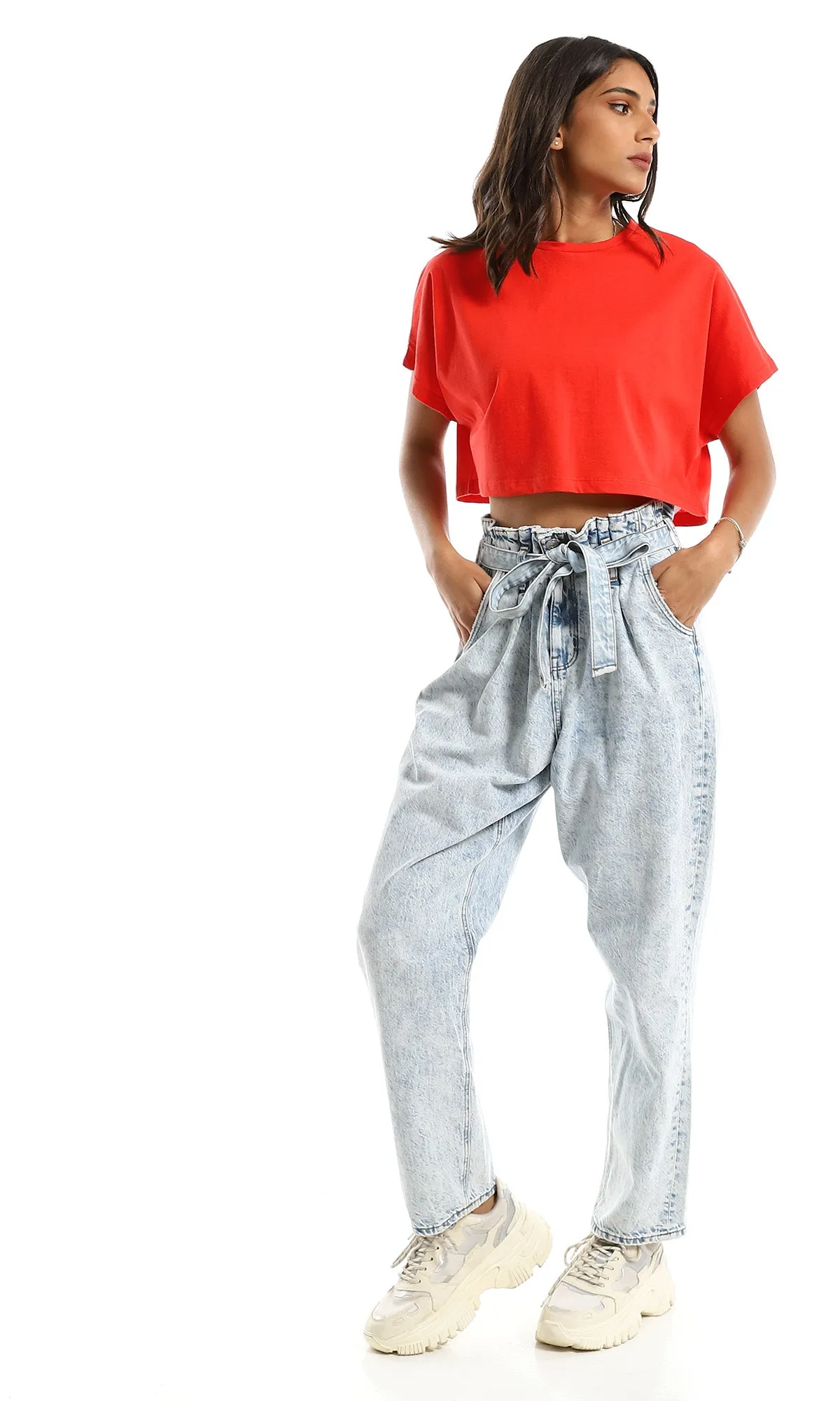 98844 Basic Round Loose Red Crop Top