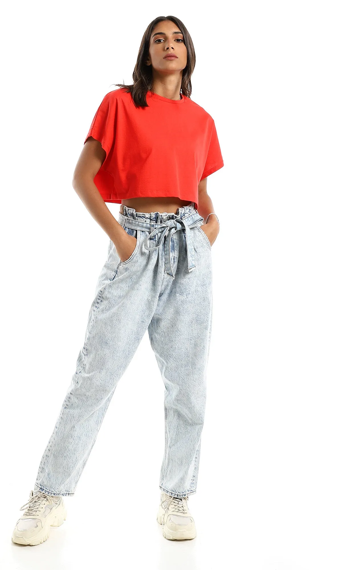98844 Basic Round Loose Red Crop Top