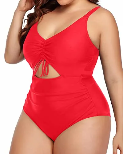 Adjustable Strap V Neck Monokini Swimwear-Neon Red