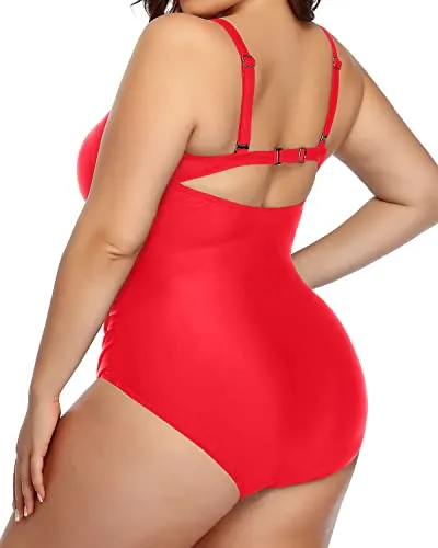 Adjustable Strap V Neck Monokini Swimwear-Neon Red