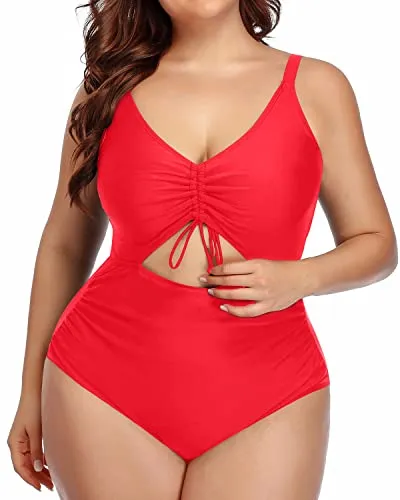 Adjustable Strap V Neck Monokini Swimwear-Neon Red