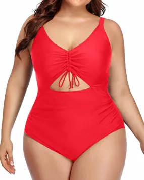 Adjustable Strap V Neck Monokini Swimwear-Neon Red