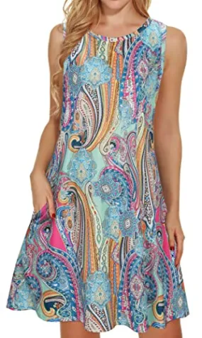 Amoeba Colorful Summer Dresses for Women Beach Floral Tshirt Sundress Sleeveless Pockets Casual Loose Tank Dress - elescat