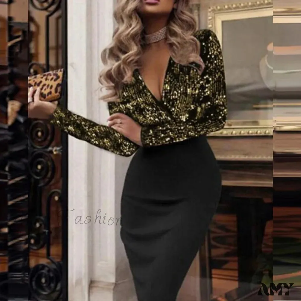 Amy Fashion - Elegant Wrap V Neck Skinny Club Party Dress