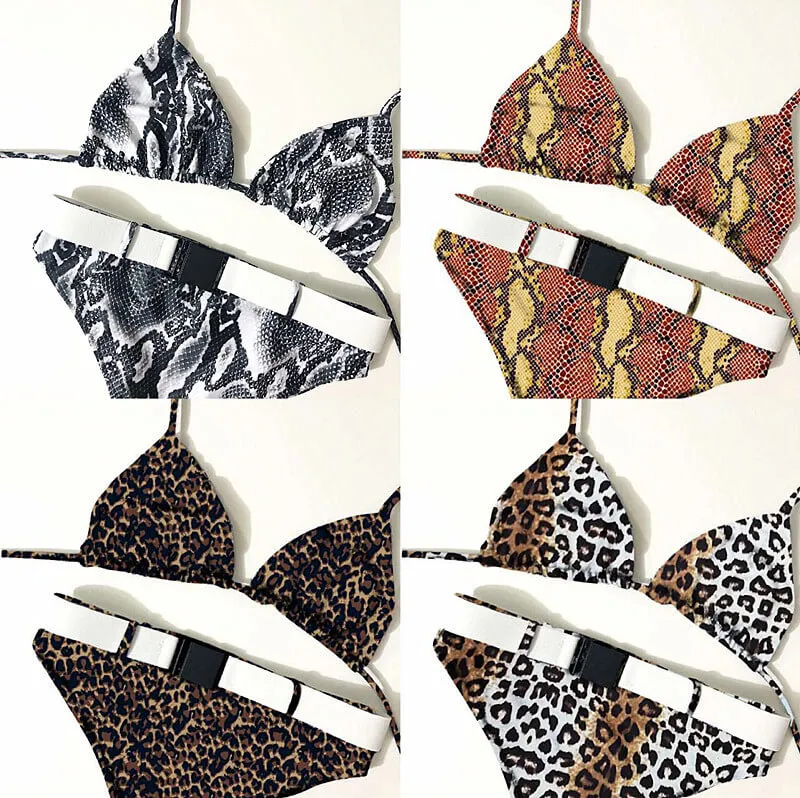Animal Print Buckle Halter High Rise Thong Bottom Bikinis