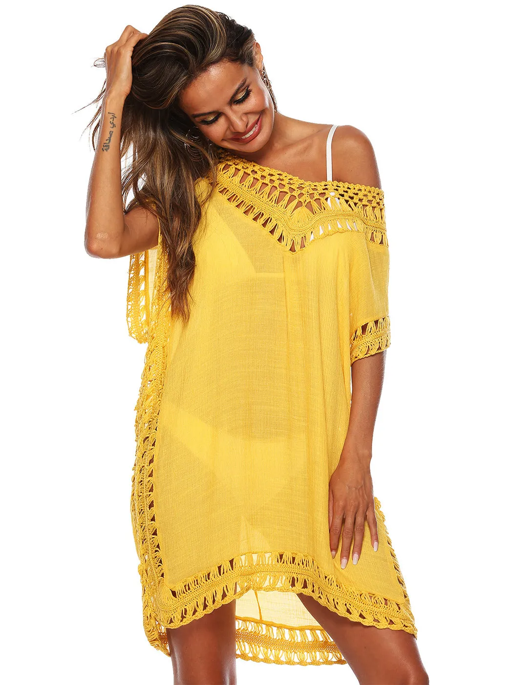 Anna-Kaci Swimsuit Cover Up Women Swimwear Bathing Suit Dress Sexy Bikini Beach Crochet Beachwear Loose Dress