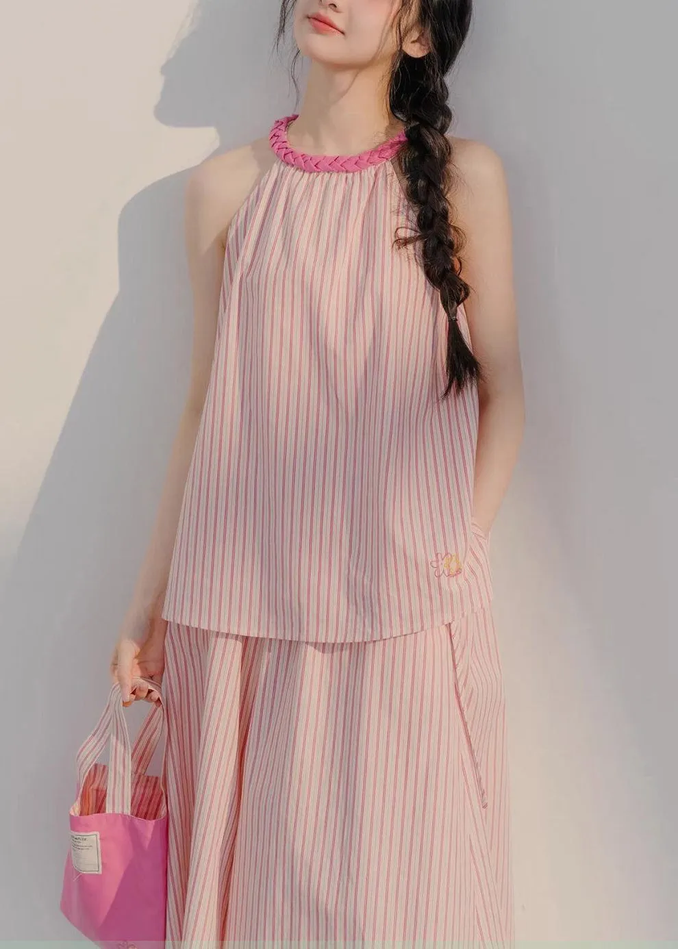 Beautiful Pink Striped Tops And Crop Pants Cotton Two Pieces Set Sleeveless XX040