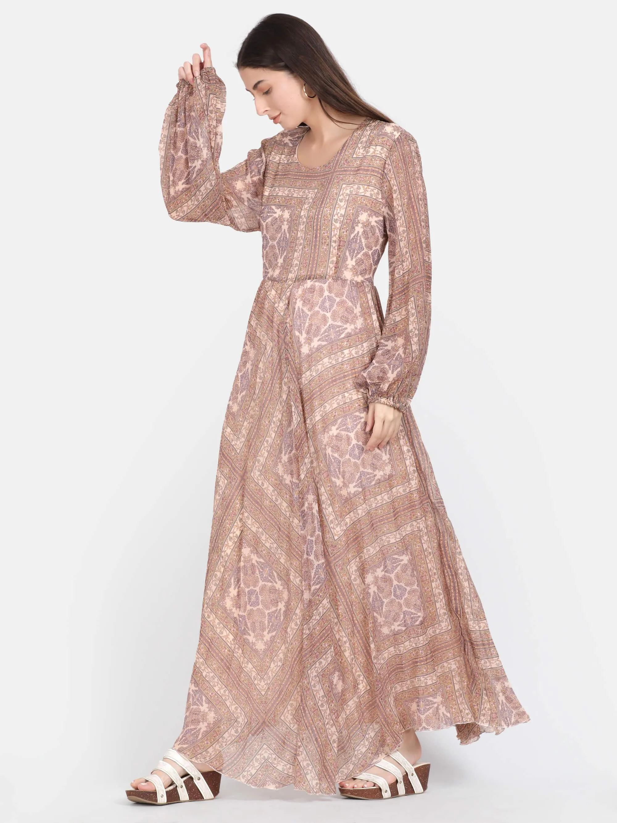 Beige Abstract Print Pleated Maxi Dress (GBF7003)