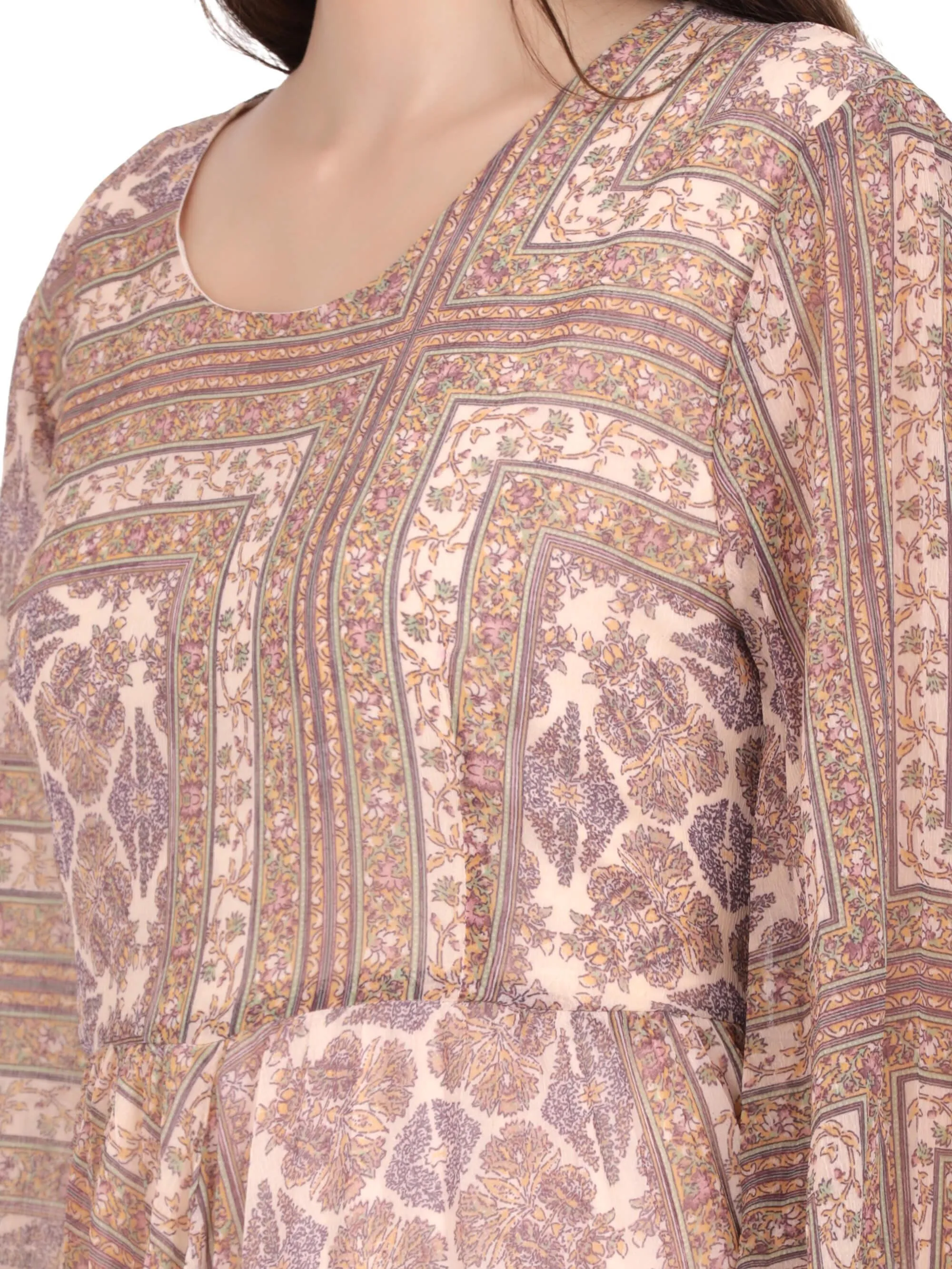 Beige Abstract Print Pleated Maxi Dress (GBF7003)