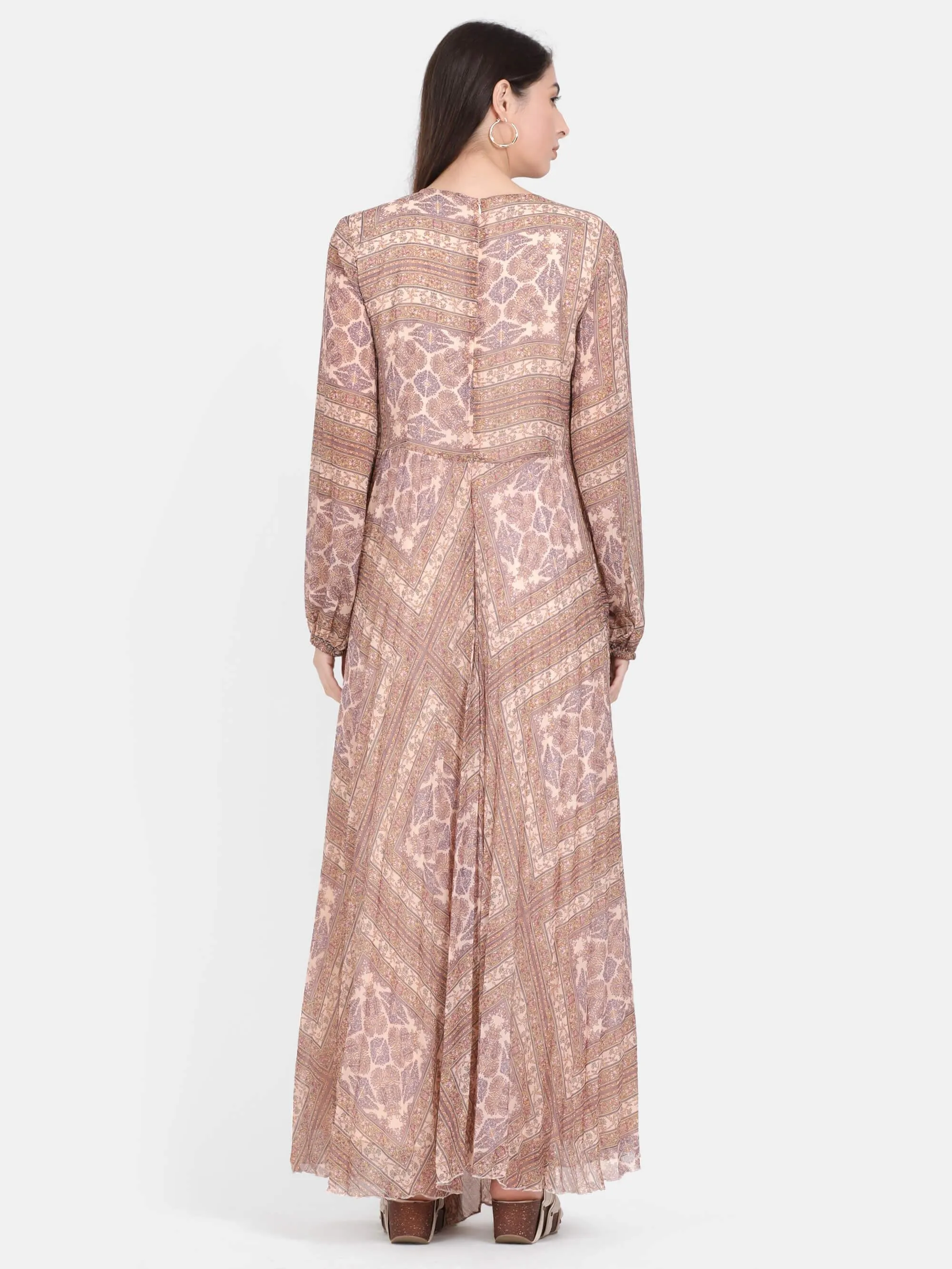 Beige Abstract Print Pleated Maxi Dress (GBF7003)