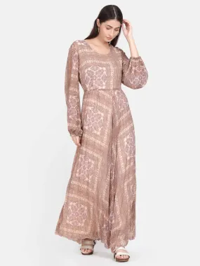 Beige Abstract Print Pleated Maxi Dress (GBF7003)