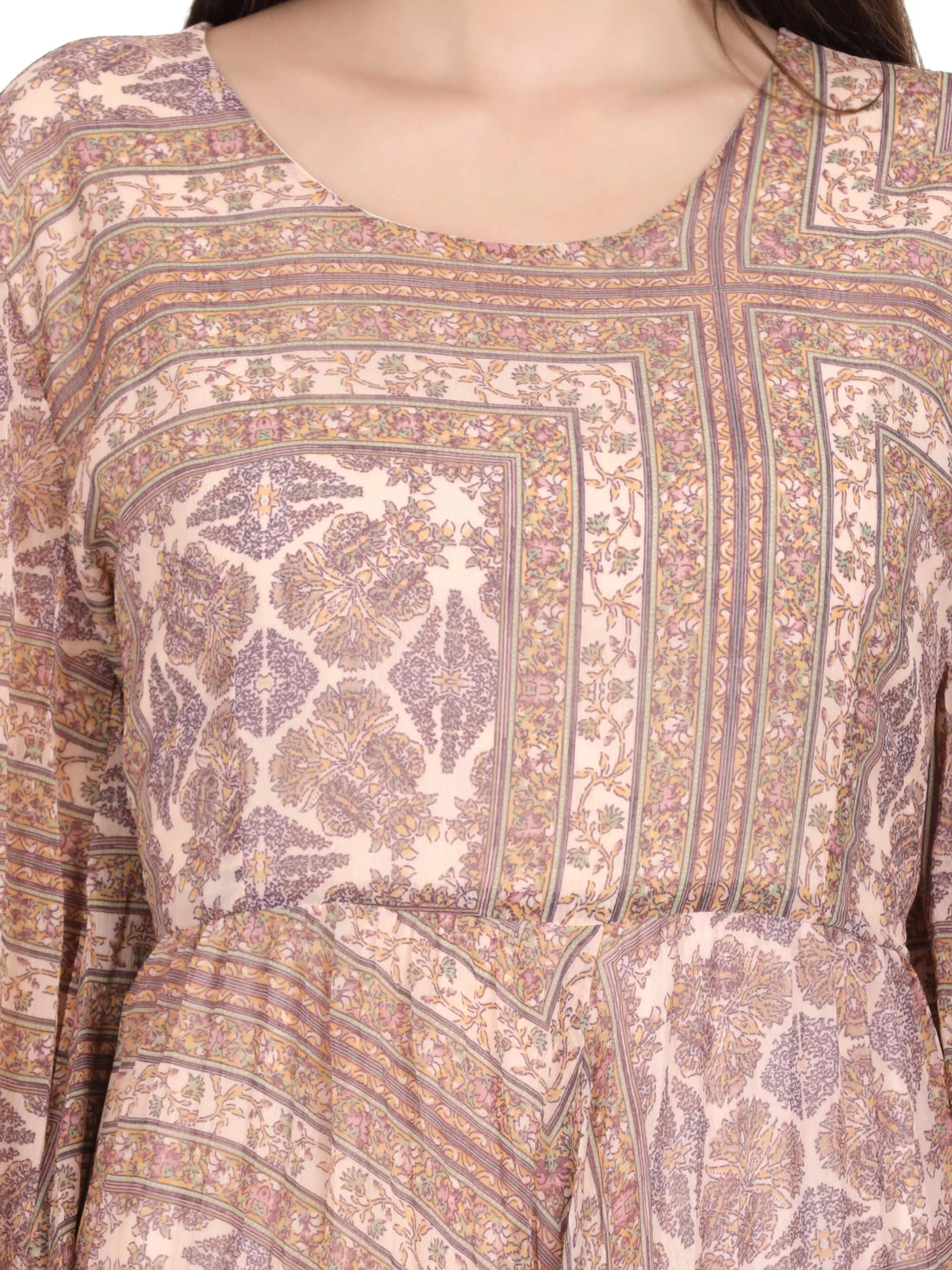Beige Abstract Print Pleated Maxi Dress (GBF7003)