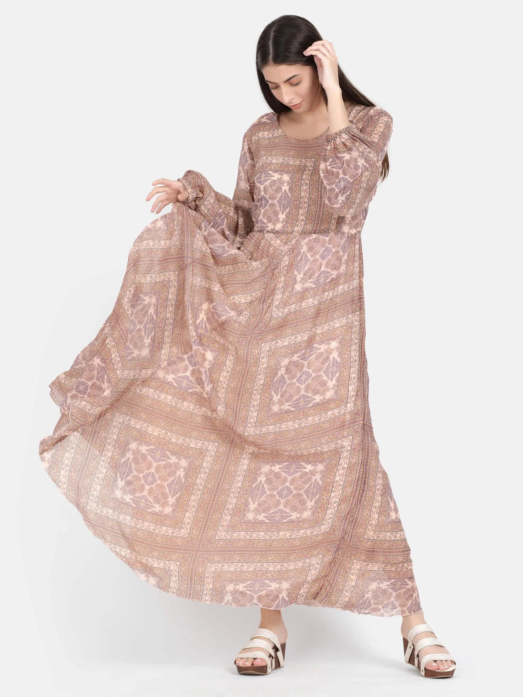 Beige Abstract Print Pleated Maxi Dress (GBF7003)