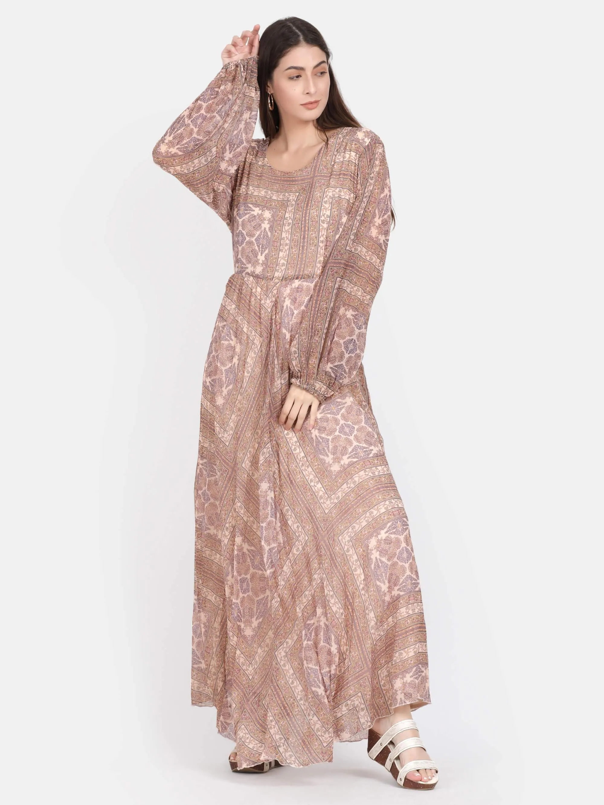 Beige Abstract Print Pleated Maxi Dress (GBF7003)