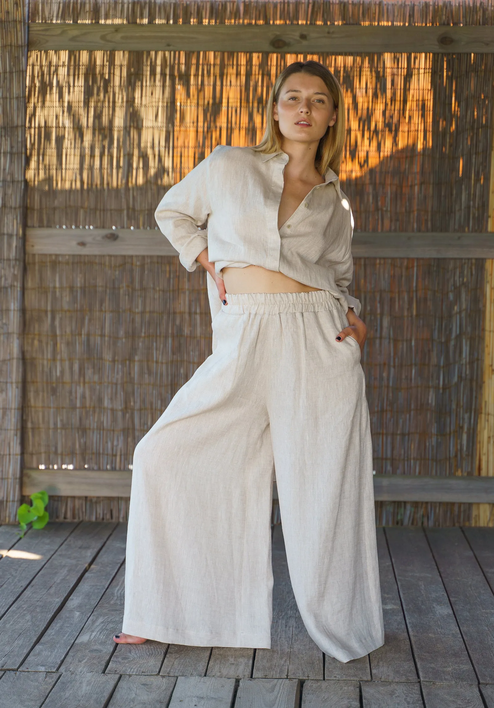 Beige Wide Leg Linen Palazzo Pants