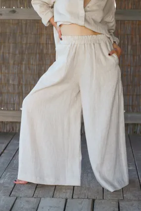 Beige Wide Leg Linen Palazzo Pants