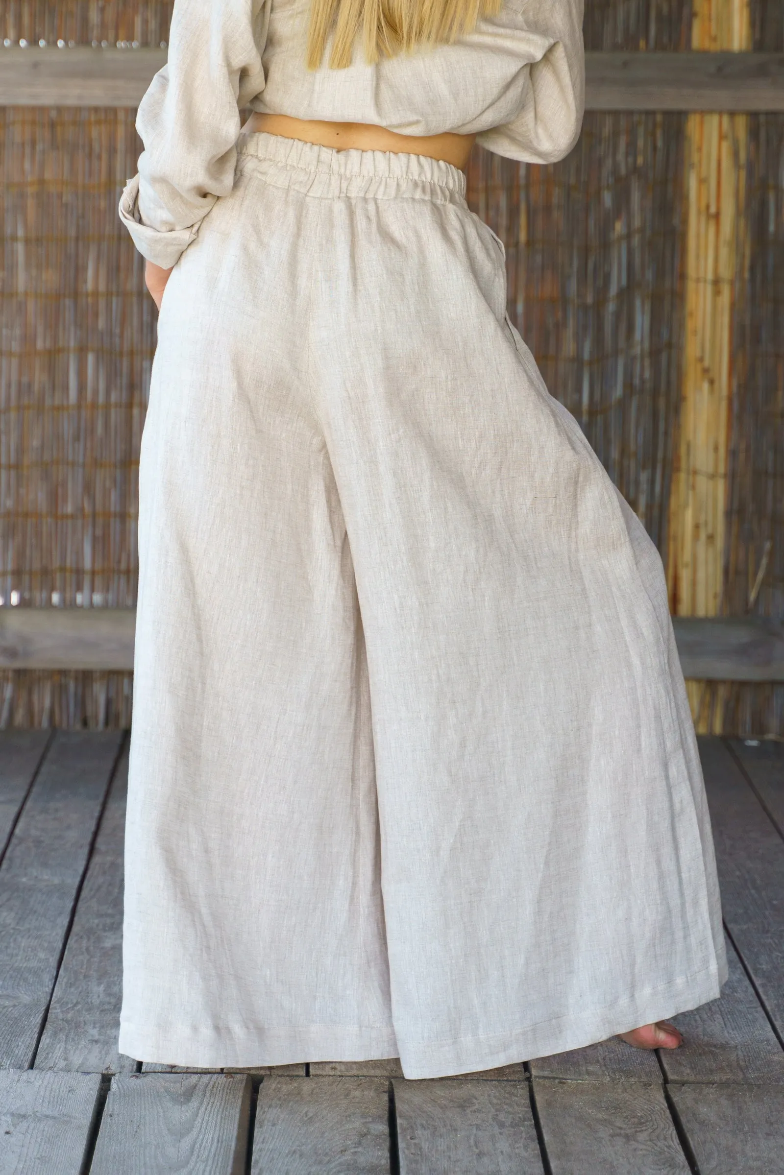 Beige Wide Leg Linen Palazzo Pants