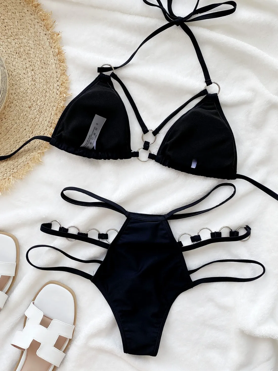 Bikini Set Sexy Boho Strappy Cutout Halter Neck High Waist Strappy Bottoms Nylon Luxury Two-Piece Swimsuit Set