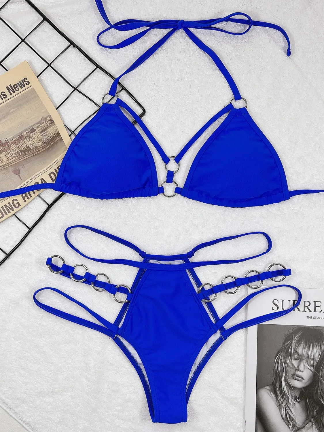Bikini Set Sexy Boho Strappy Cutout Halter Neck High Waist Strappy Bottoms Nylon Luxury Two-Piece Swimsuit Set