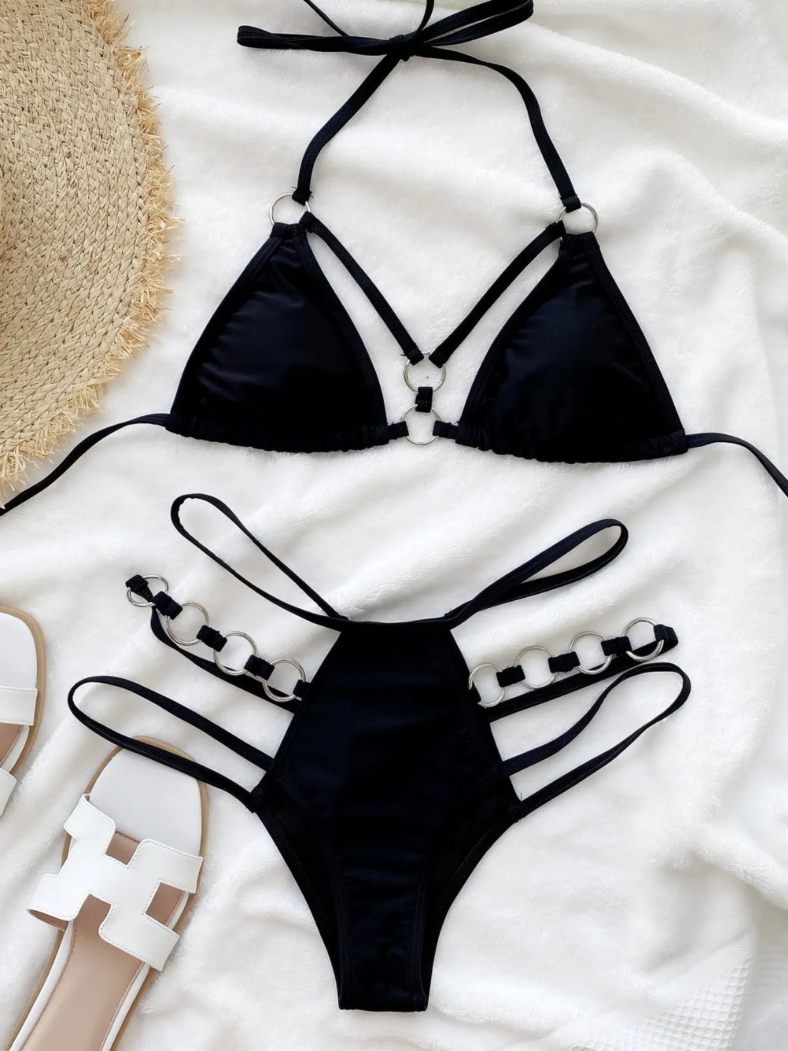 Bikini Set Sexy Boho Strappy Cutout Halter Neck High Waist Strappy Bottoms Nylon Luxury Two-Piece Swimsuit Set