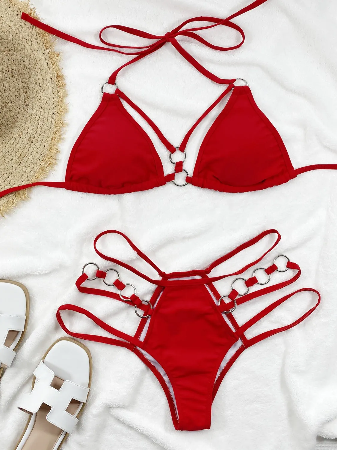 Bikini Set Sexy Boho Strappy Cutout Halter Neck High Waist Strappy Bottoms Nylon Luxury Two-Piece Swimsuit Set
