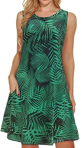 Black Green Leaf Summer Dresses for Women Beach Floral Tshirt Sundress Sleeveless Pockets Casual Loose Tank Dress - elescat