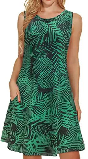 Black Green Leaf Summer Dresses for Women Beach Floral Tshirt Sundress Sleeveless Pockets Casual Loose Tank Dress - elescat
