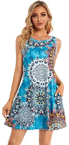 Black Green Leaf Summer Dresses for Women Beach Floral Tshirt Sundress Sleeveless Pockets Casual Loose Tank Dress - elescat