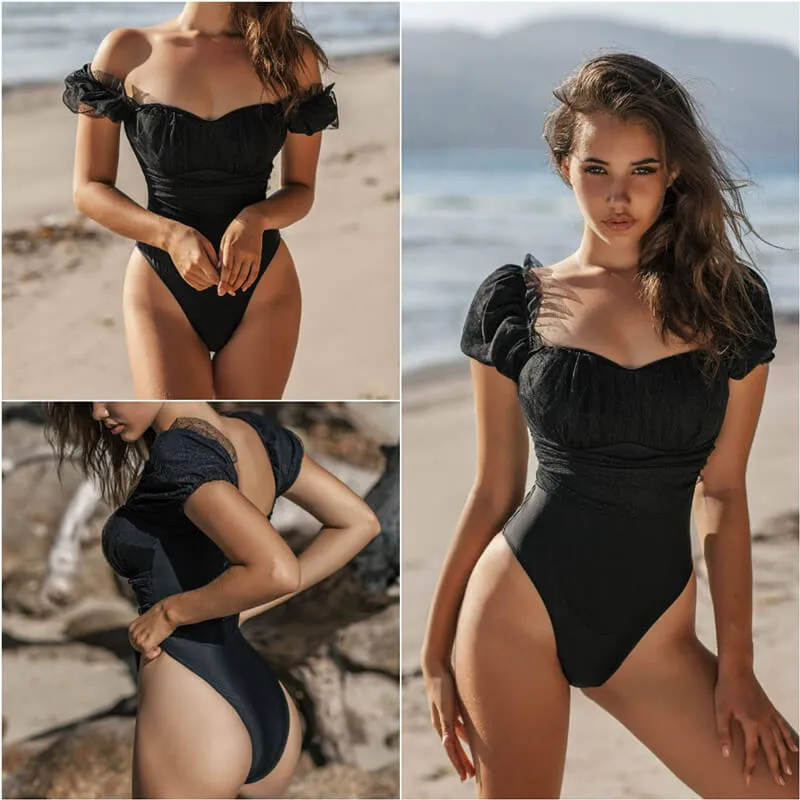 Black Puff Sleeves Flapper Mesh High Cut Swimsuits
