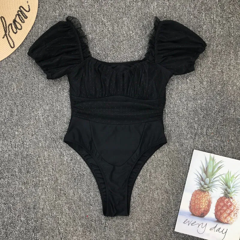 Black Puff Sleeves Flapper Mesh High Cut Swimsuits