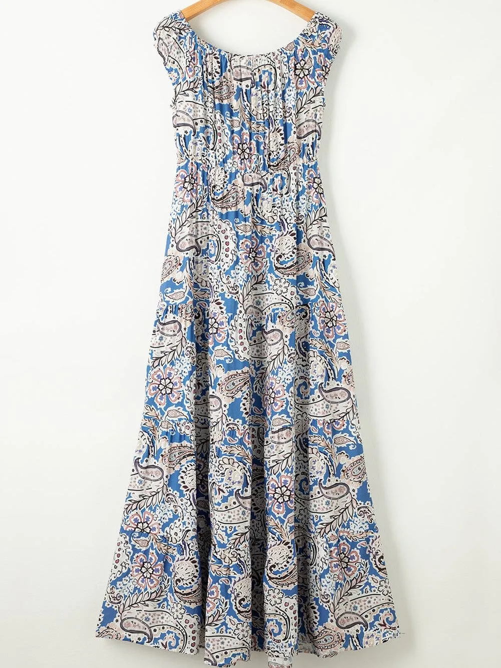 Blue Boho Paisley Print Off Shoulder Maxi Dress with Flared Silhouette