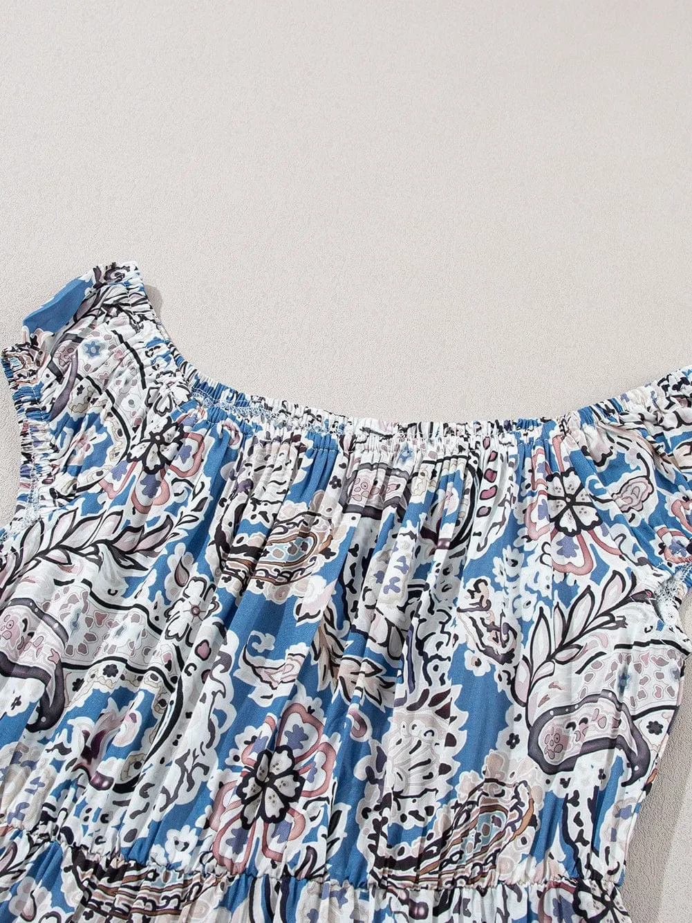 Blue Boho Paisley Print Off Shoulder Maxi Dress with Flared Silhouette