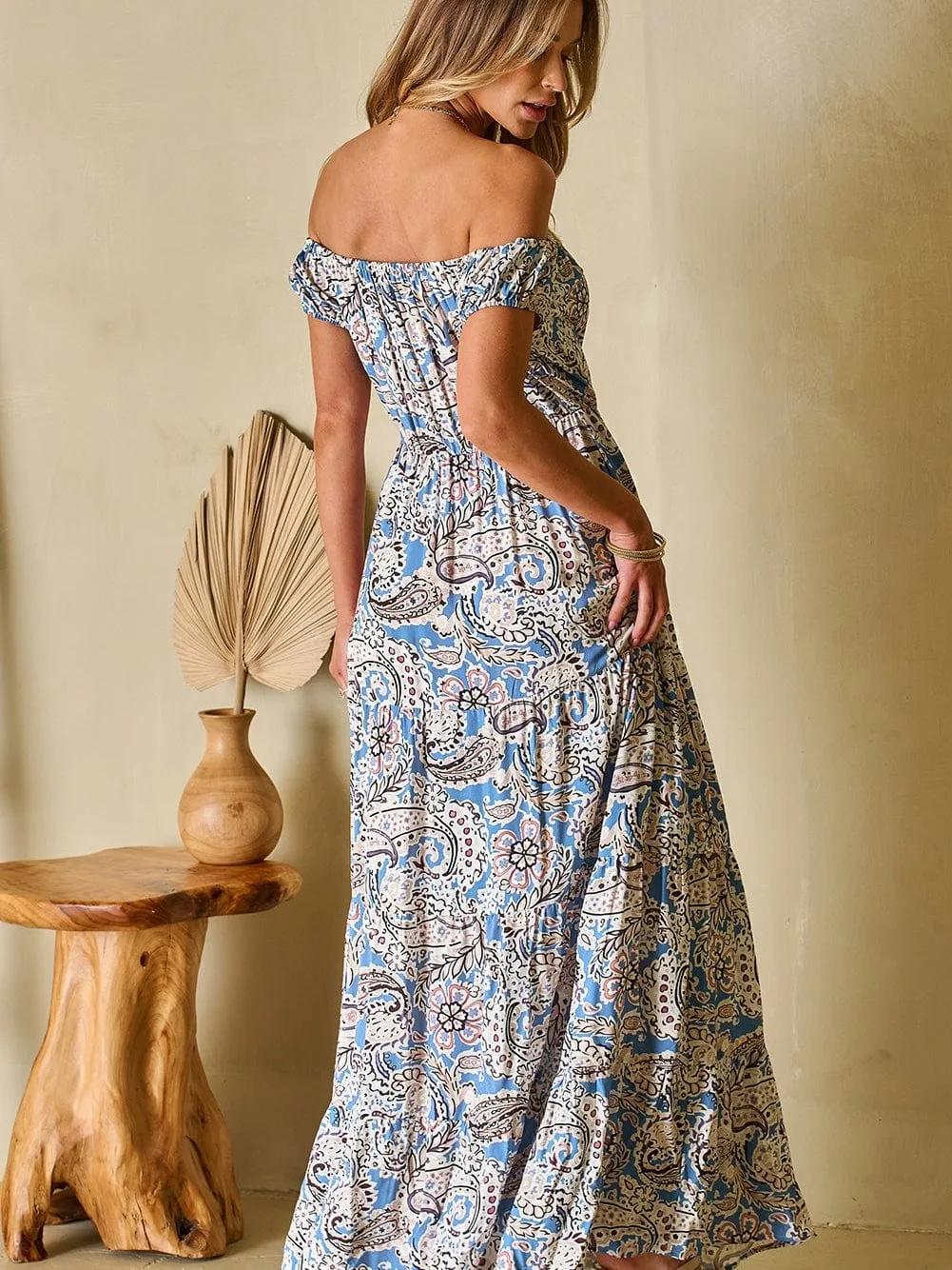 Blue Boho Paisley Print Off Shoulder Maxi Dress with Flared Silhouette