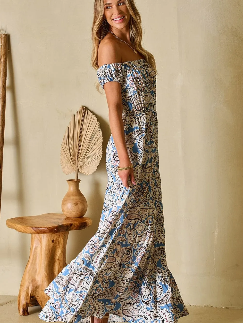 Blue Boho Paisley Print Off Shoulder Maxi Dress with Flared Silhouette