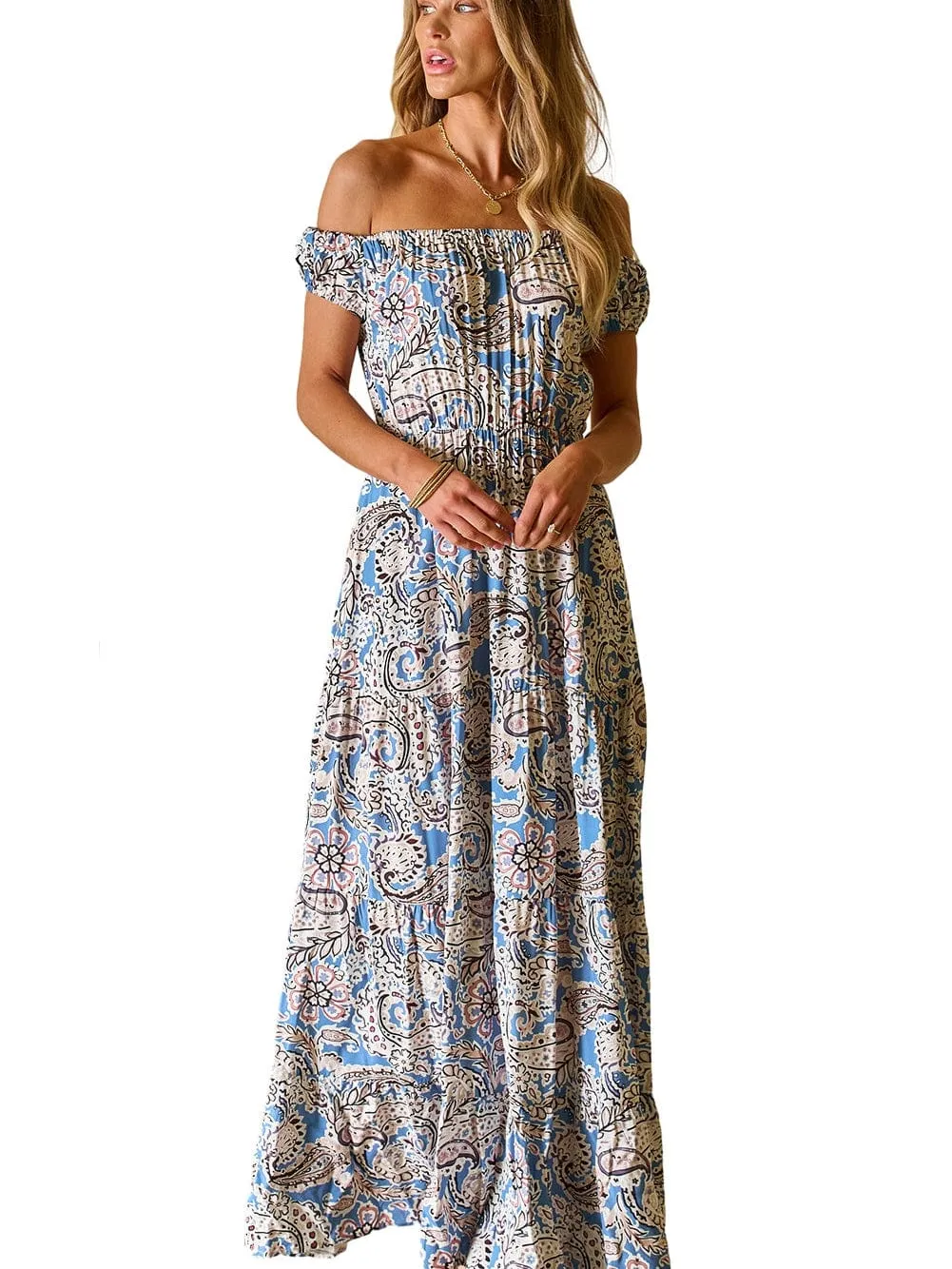 Blue Boho Paisley Print Off Shoulder Maxi Dress with Flared Silhouette
