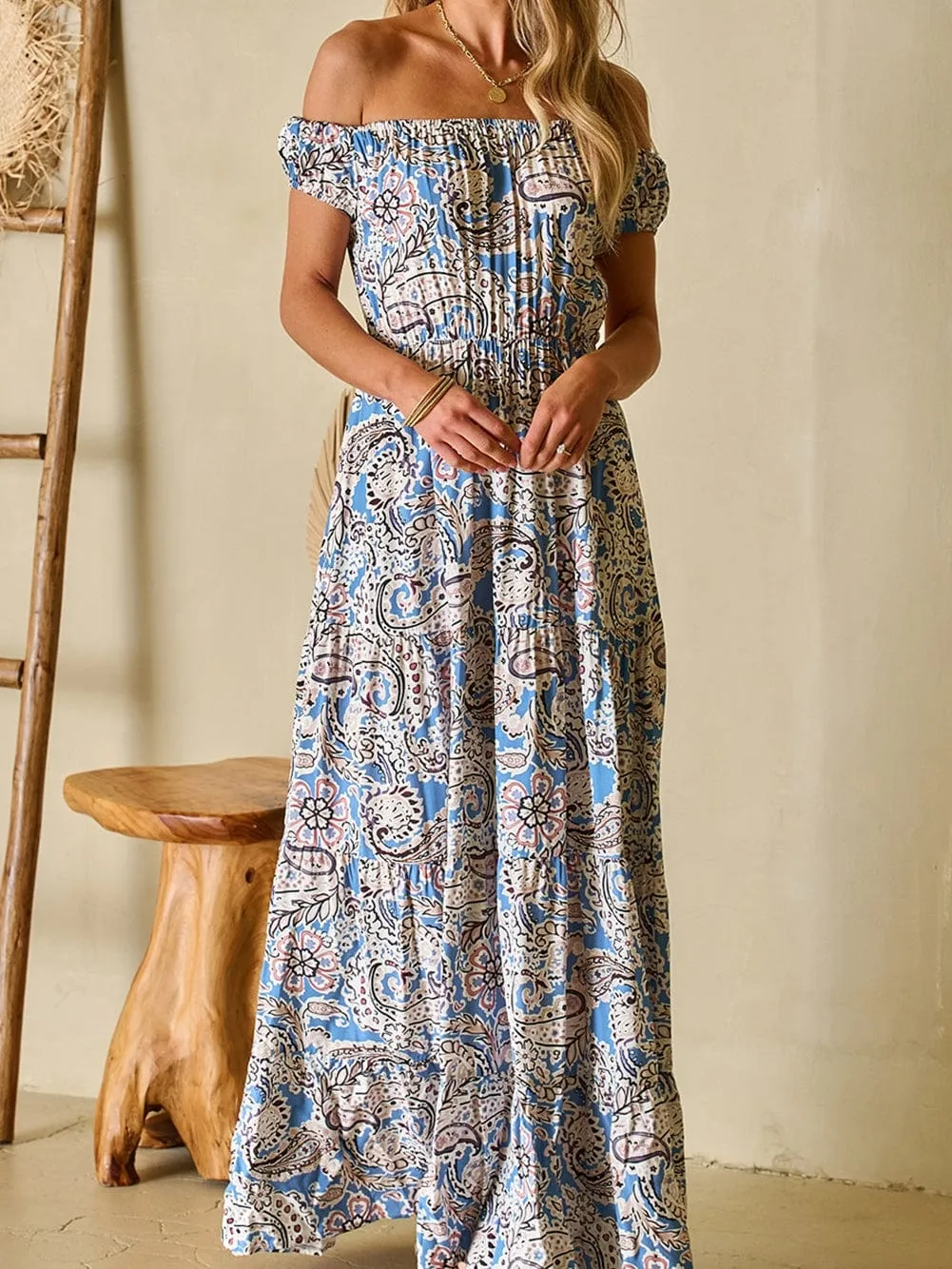 Blue Boho Paisley Print Off Shoulder Maxi Dress with Flared Silhouette