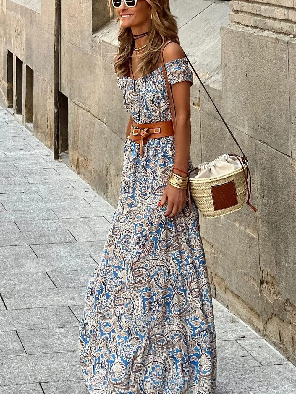 Blue Boho Paisley Print Off Shoulder Maxi Dress with Flared Silhouette