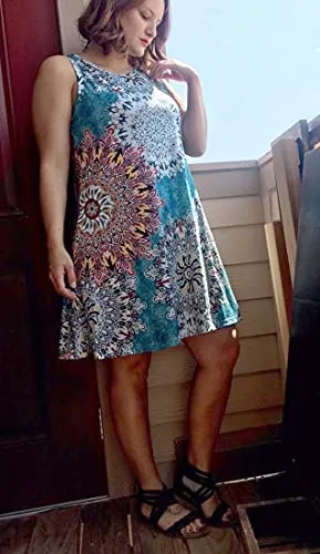 Blue Summer Dresses for Women Beach Floral Tshirt Sundress Sleeveless Pockets Casual Loose Tank Dress - elescat