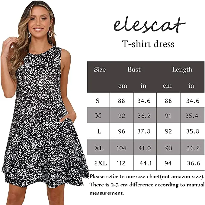 Blue Summer Dresses for Women Beach Floral Tshirt Sundress Sleeveless Pockets Casual Loose Tank Dress - elescat