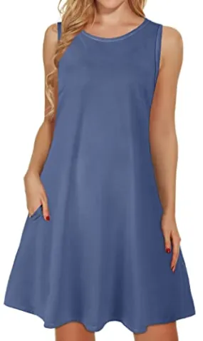 Blue Summer Dresses for Women Beach Floral Tshirt Sundress Sleeveless Pockets Casual Loose Tank Dress - elescat