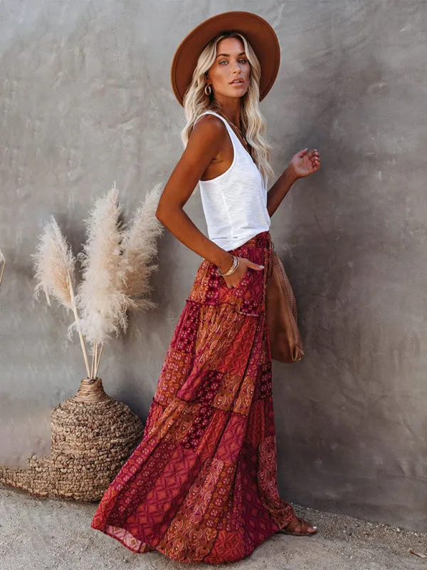 Blue Zone Planet |  Luna's Bohemian High Waist Casual Maxi Loose Skirt