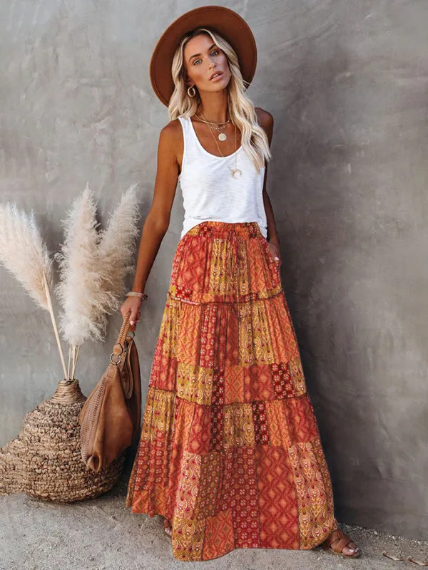 Blue Zone Planet |  Luna's Bohemian High Waist Casual Maxi Loose Skirt