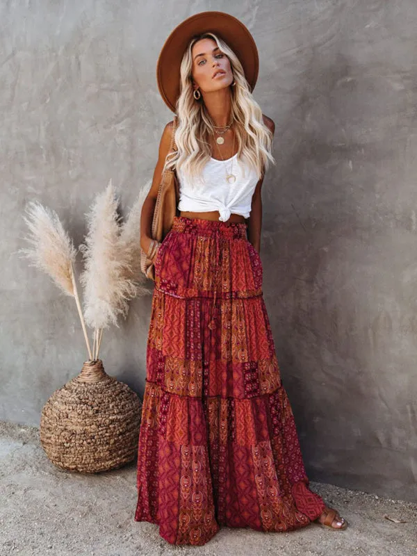 Blue Zone Planet |  Luna's Bohemian High Waist Casual Maxi Loose Skirt