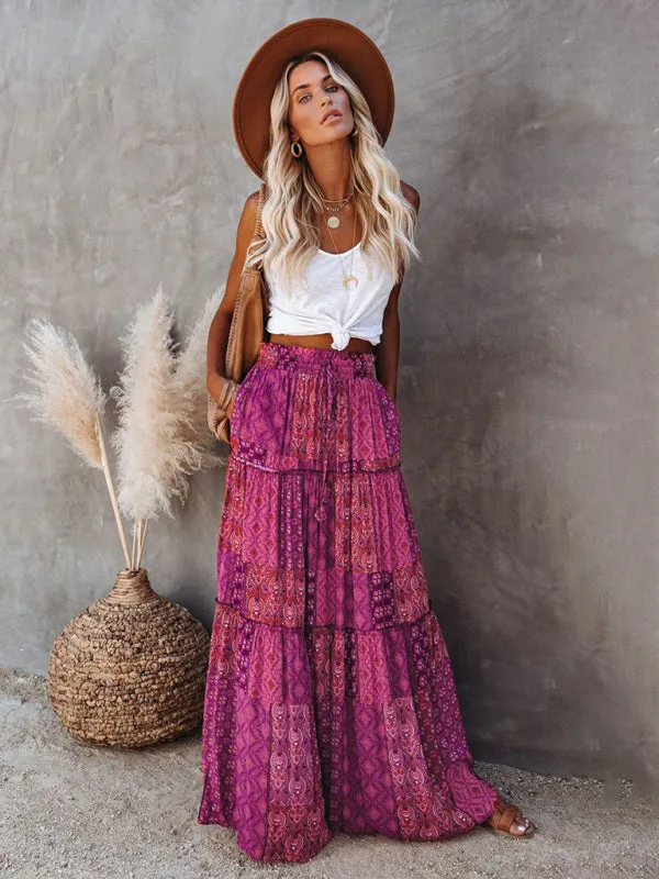 Blue Zone Planet |  Luna's Bohemian High Waist Casual Maxi Loose Skirt
