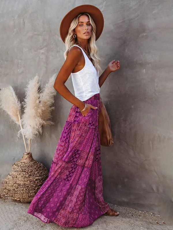 Blue Zone Planet |  Luna's Bohemian High Waist Casual Maxi Loose Skirt