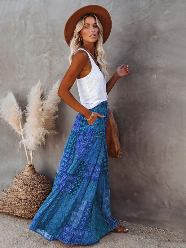 Blue Zone Planet |  Luna's Bohemian High Waist Casual Maxi Loose Skirt
