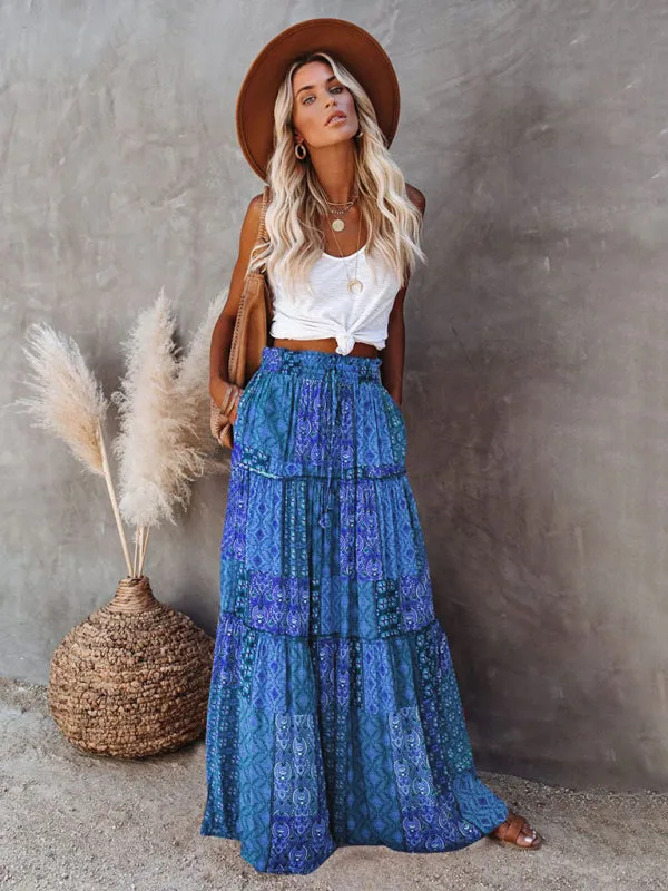 Blue Zone Planet |  Luna's Bohemian High Waist Casual Maxi Loose Skirt