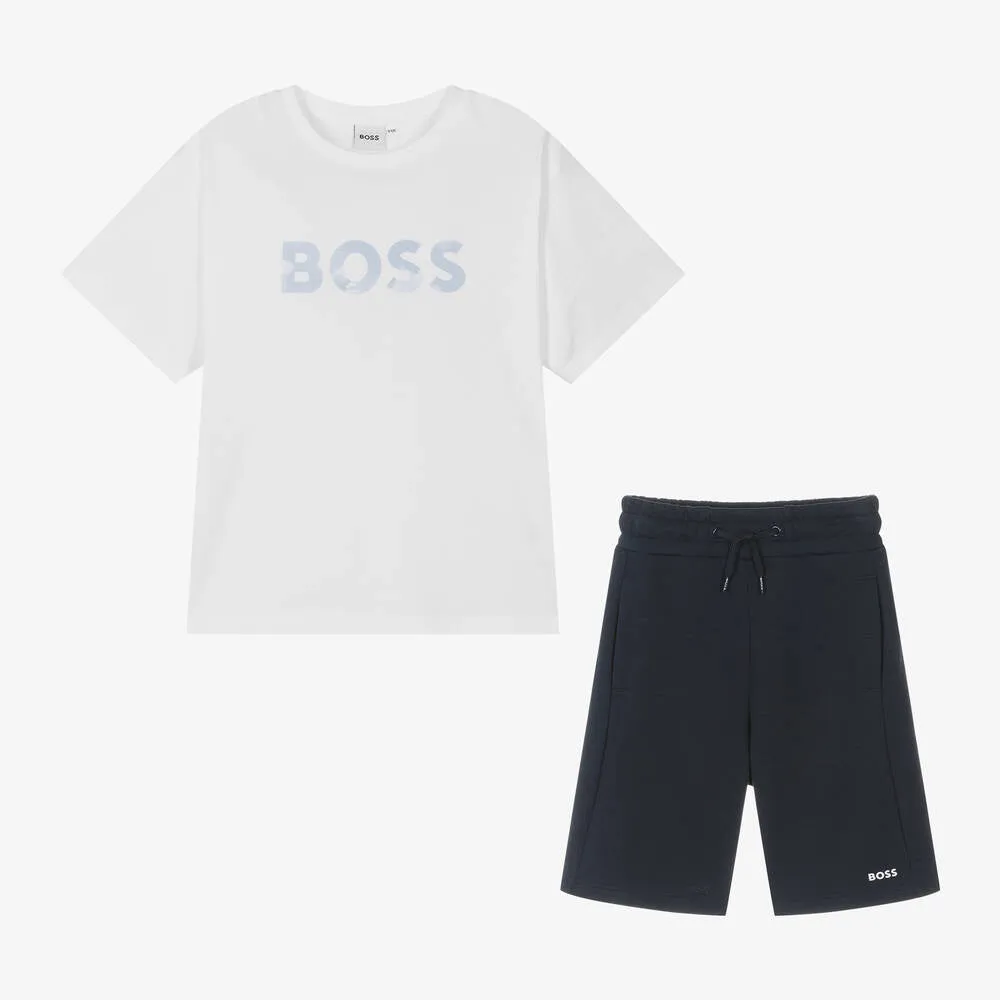 Boss Boys White & Blue Cotton Shorts Set